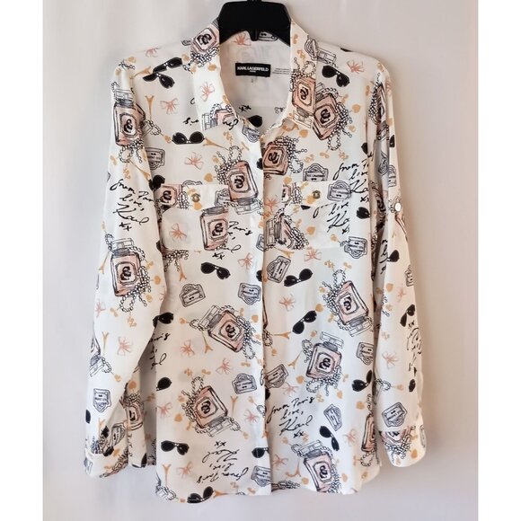 Karl Lagerfeld Paris Blouse L Signature Print Long Sleeve NWOT Designer Shirt - Picture 1 of 9